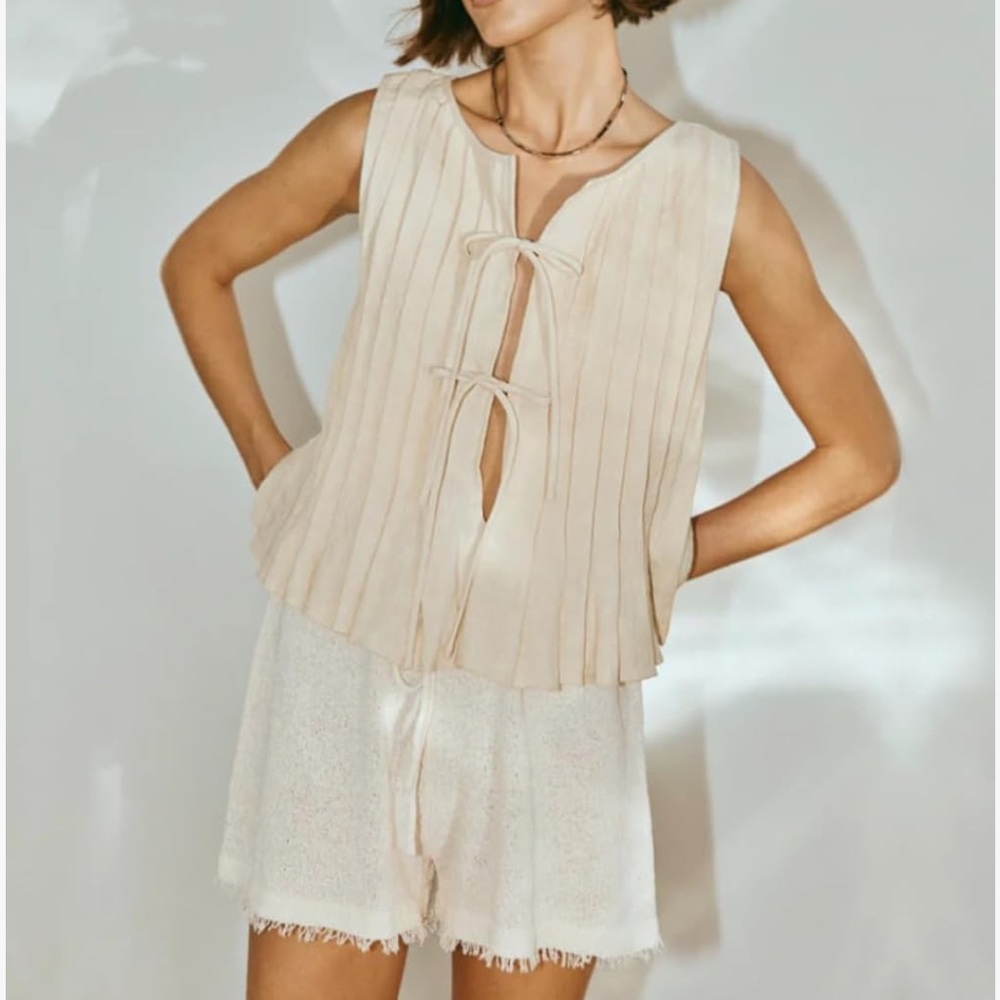 Donloise Linen Bow Tie Front Tank Top Pleated Peplum Babydoll Ruffle Sleeveless